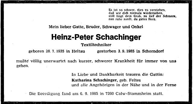 Schachinger Heinz Peter 1935-1985 Todesanzeige